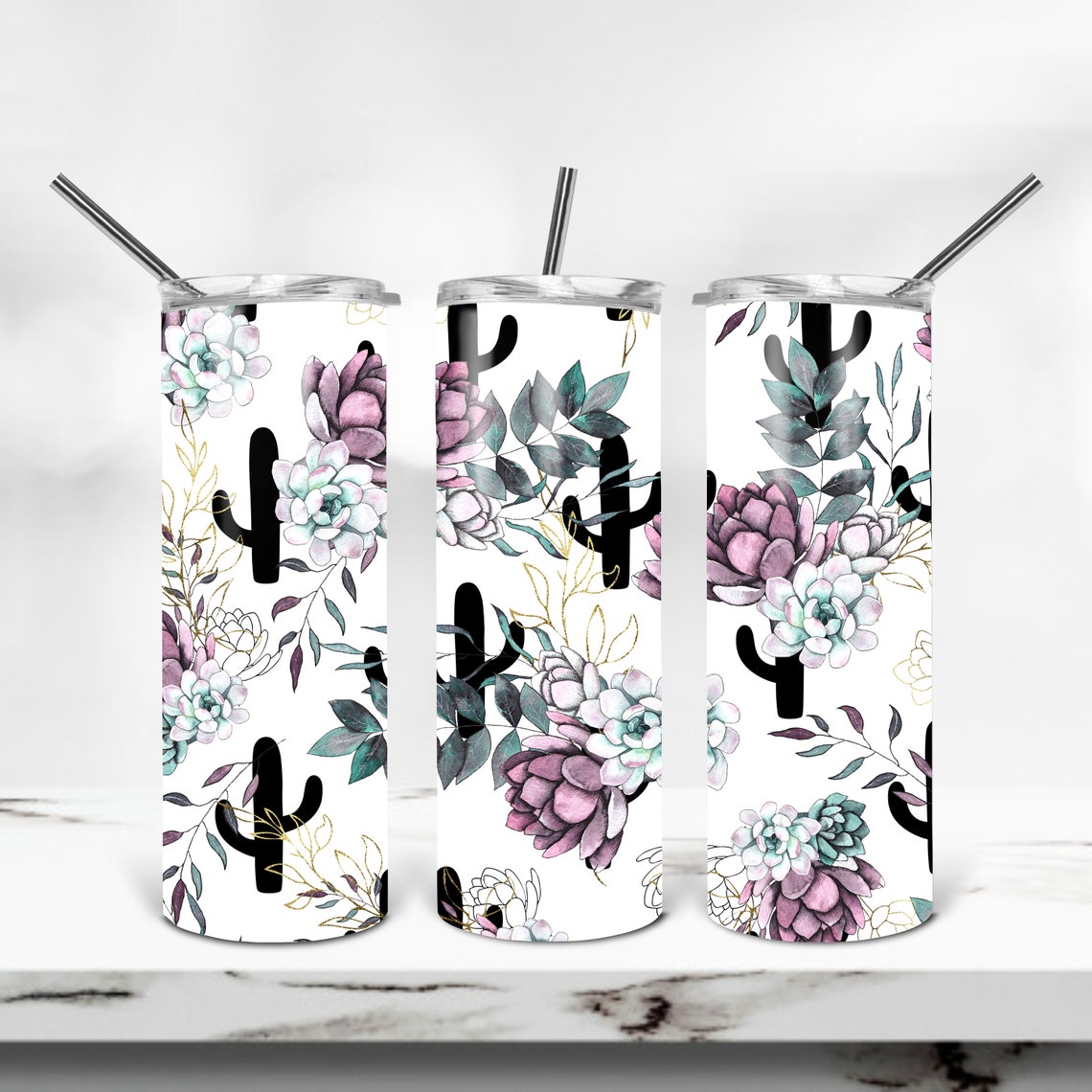 Summer 20 Oz Skinny Tumbler Sublimation Design Cactus Succulent Digital ...