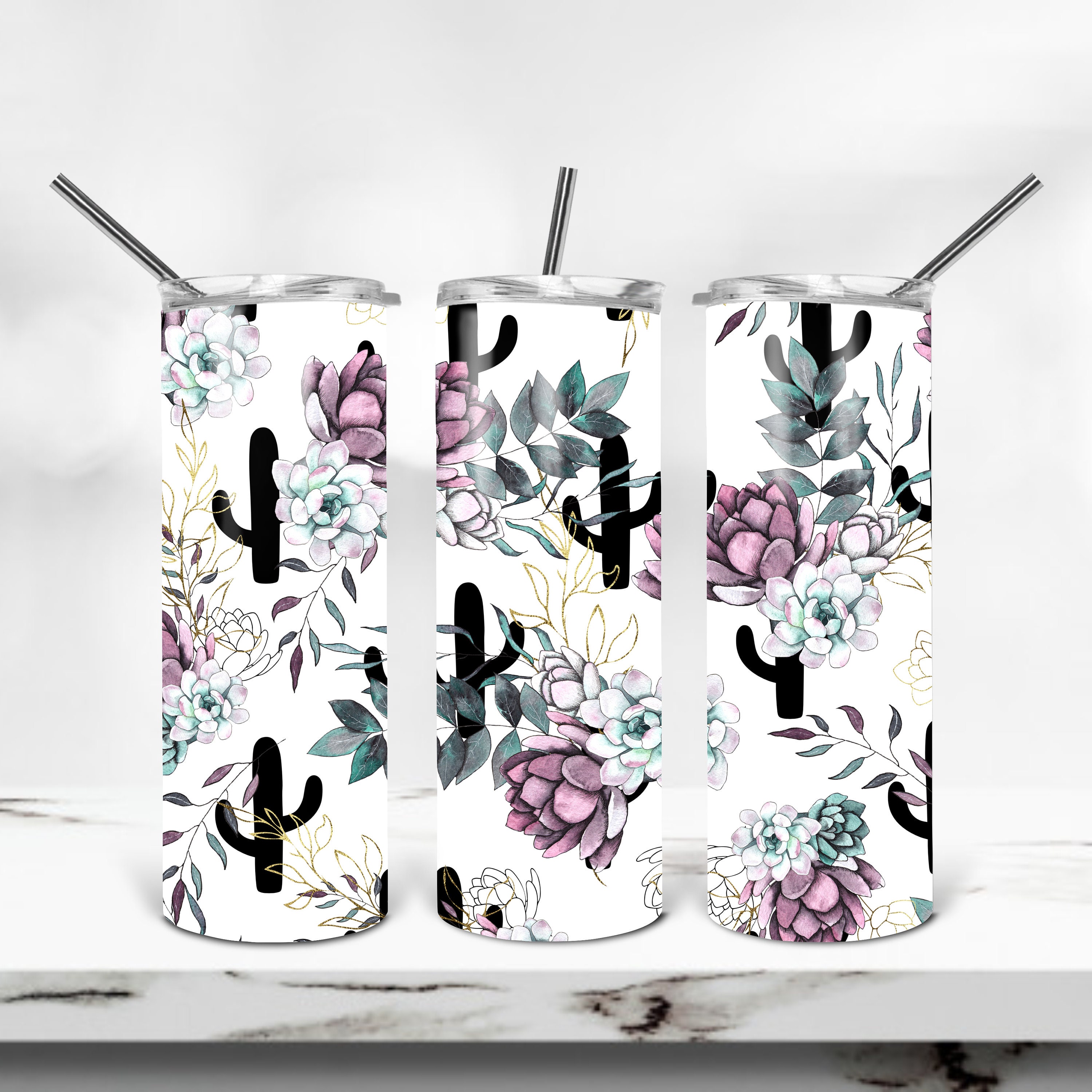 Summer 20 Oz Skinny Tumbler Sublimation Design Cactus Succulent Digital ...