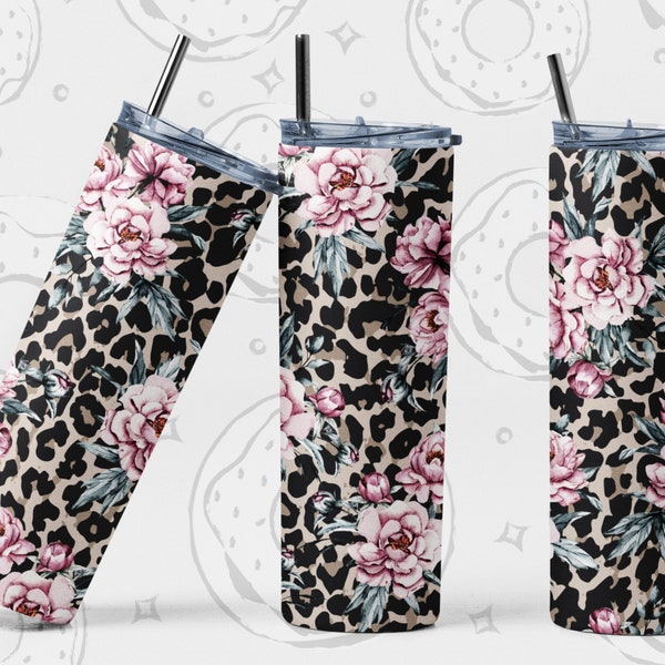 Floral Leopard Print Tumbler Wrap, Floral Sublimation Tumbler, Peony Tumbler Design, Cheetah Tumbler Template, 20 oz Skinny Tumbler PNG