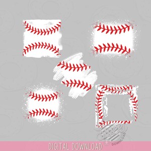 May include: Five digital baseball-themed graphics with white backgrounds and red stitching. The graphics are in the shape of a square, rectangle, and two abstract shapes. The graphics are perfect for adding a sporty touch to your designs.