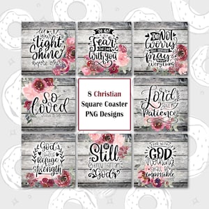 Vierkante Achtbaan PNG, Christelijke Onderzetter Bundel, Bijbel Verse Coaster PNG, Floral Square Coaster Sublimatie Ontwerp, Achtbaan Sjabloon, Sleutelhanger
