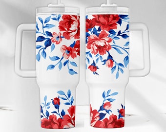 Red White Blue 40 oz Tumbler Wrap, Floral 40 oz Tumbler PNG, Red Blue Flower 40 oz Tumbler Template, 4th of July 40 oz Tumbler Design