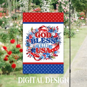 Patriotic Garden Flag PNG, 4h of July Garden Flag Sublimation Design, God Bless America Garden Flag Design, Floral Digital Download