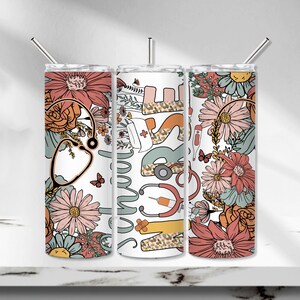 School Nurse Tumbler Wrap, Nurse Tumbler PNG, Floral Stethoscope Sublimation Tumbler Design, Back to school Seamless 20 oz Skinny Tumbler