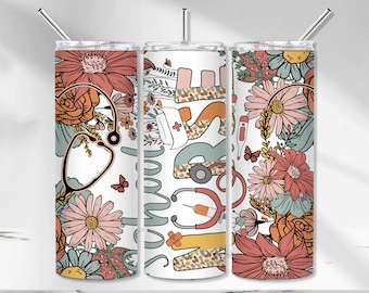 School Nurse Tumbler Wrap, Nurse Tumbler PNG, Floral Stethoscope Sublimation Tumbler Design, Back to school Seamless 20 oz Skinny Tumbler