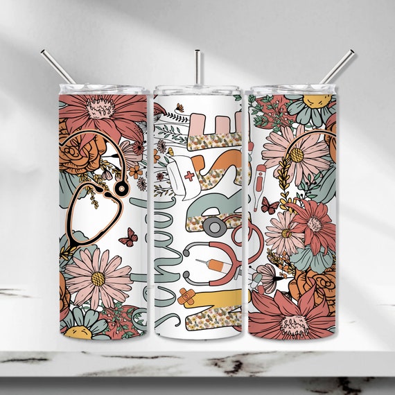 School Nurse Tumbler Wrap, Nurse Tumbler PNG, Floral Stethoscope Sublimation Tumbler Design, Back to school Seamless 20 oz Skinny Tumbler