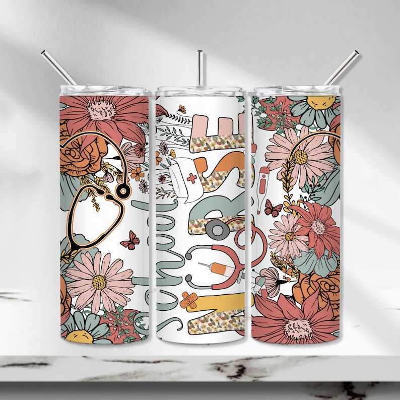 School Nurse Tumbler Wrap, Nurse Tumbler PNG, Floral Stethoscope Sublimation Tumbler Design, Back to school Seamless 20 oz Skinny Tumbler