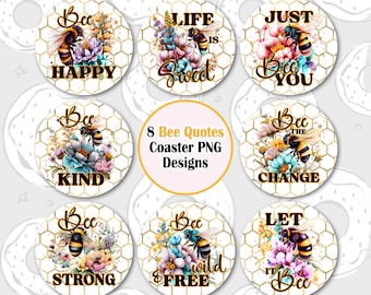 Bee Quotes Car Coaster PNG, Bee Kind Coaster Sublimation Designs, Motivational Coaster Bundle, Floral Bee Car Coaster Design, Round Keychain