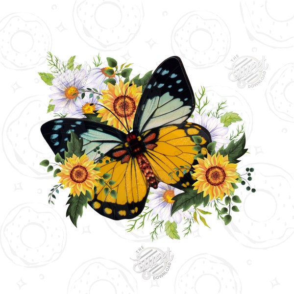 Fall Butterfly PNG Sublimation Design Download, Floral Butterfly with Sunflowers and Daisies