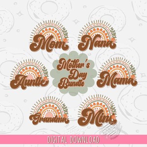 Boho Mama PNG, Mom Sublimation Design, Mother&#39;s Day Bundle, Mama Mini Digital Download, Family Shirt Design, Rainbow Nana PNG, Auntie PNG