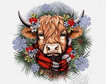 Winter Highland Cow PNG, Winter Cow Sublimation Design, Christmas Highland Cow Clipart, Watercolor Highland Cow with Snowflakes Digital PNG