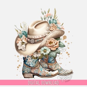 Può includere: Un paio di stivali da cowboy blu e marroni con intricati disegni floreali, adornati con un cappello da cowboy beige con un ornamento floreale. Il cappello ha una fascia con le parole "Love My West" su di esso. Gli stivali e il cappello sono circondati da una dispersione di glitter dorati.