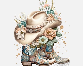 Puede incluir: Un par de botas de vaquero azules y marrones con intrincados diseños florales, adornadas con un sombrero de vaquero beige con un adorno floral. El sombrero tiene una banda con las palabras "Love My West" en él. Las botas y el sombrero están rodeados por una dispersión de purpurina dorada.