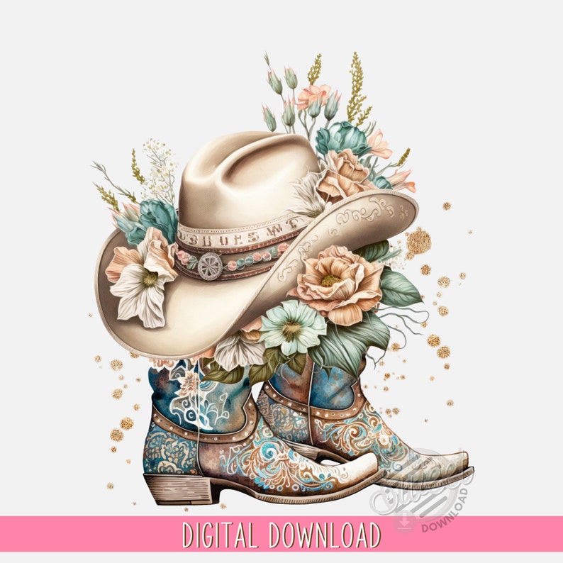 Western PNG, Cowgirl Sublimation Design, Cowgirl Boots Clip Art, Cowgirl Hat Digital Download, Floral Cowgirl Design, Western Background PNG