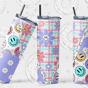 Retro 20 oz Skinny Tumbler Design, Daisy Tumbler PNG, Happy Sublimation Tumbler, Floral Seamless Tumbler Template, Spring Tumbler Wrap