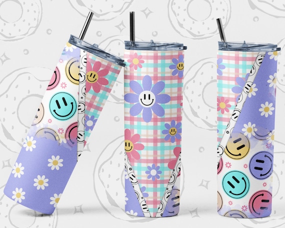 Retro 20 oz Skinny Tumbler Design, Daisy Tumbler PNG, Happy Sublimation Tumbler, Floral Seamless Tumbler Template, Spring Tumbler Wrap