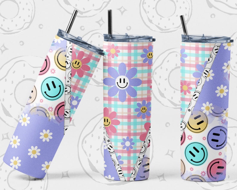 Retro 20 oz Skinny Tumbler Design, Daisy Tumbler PNG, Happy Sublimation Tumbler, Floral Seamless Tumbler Template, Spring Tumbler Wrap