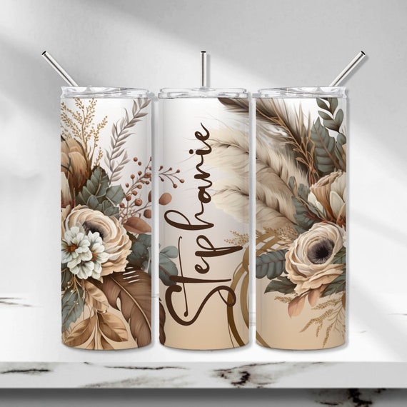 Boho Tumbler Wrap, Add your own name Sublimation Tumbler, Boho Floral Seamless Tumbler Design, Beige floral 20 oz Skinny Tumbler Template