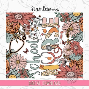 Puede incluir: Un patr&oacute;n sin costuras que presenta las palabras "School Nurse" en un dise&ntilde;o floral. El patr&oacute;n incluye un estetoscopio, una venda, una jeringa, un term&oacute;metro y una variedad de flores en tonos de rosa, naranja, amarillo y verde.