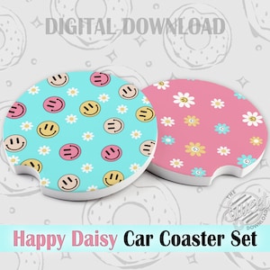 Retro Car Coaster PNG, Happy Daisy Sublimation Car Coaster, Groovy Car Coaster Design, Pastel Car Coaster Template, Round Keychain PNG