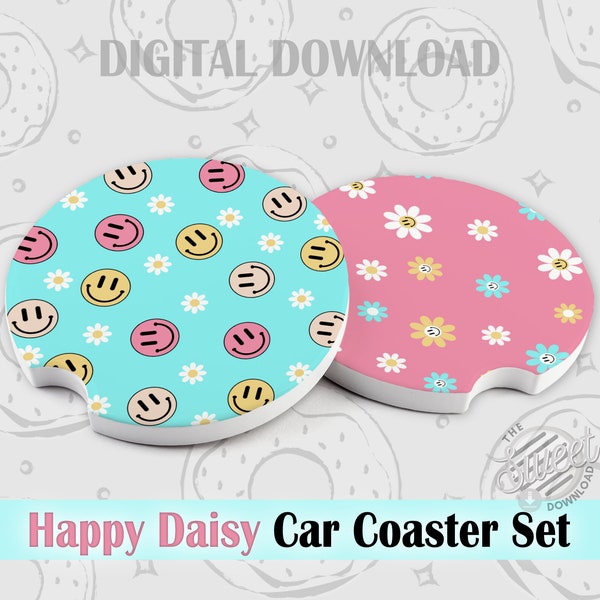 Retro Car Coaster PNG, Happy Daisy Sublimation Car Coaster, Groovy Car Coaster Design, Pastel Car Coaster Template, Round Keychain PNG