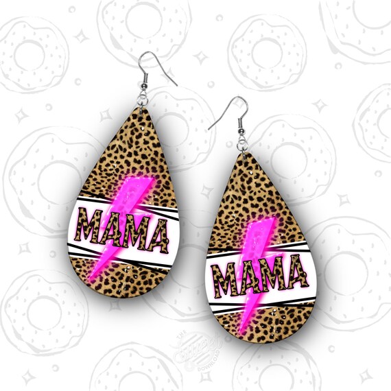 DIGITAL Mama Teardrop Earring PNG, Neon Pink Lightning Bolt Earring Sublimation Design Download, Mother's Day Design
