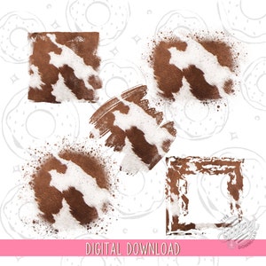 Cowhide Sublimation Patches, Brown Cowhide Patches PNG, Western Background PNG, Bleached Splatter Bundle, Sublimation Design