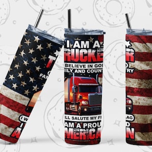 Trucker Tumbler PNG, Truck Driving 20 oz Skinny Tumbler Design, Patriotic Sublimation Tumbler, Proud American Tumbler Wrap, Seamless Templat