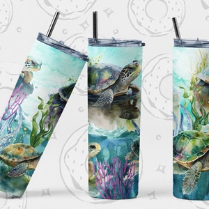 Turtle Tumbler PNG, Sea Turtle Sublimation Tumbler, Ocean Tumbler PNG, Underwater 20 oz Skinny Tumbler, Beach Seamless Tumbler Template