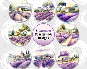 Lavender Car Coaster PNG, Purple Sublimation Coaster, Floral Coaster Design, Landscape Coaster Template, Coaster Bundle, Round Keychain PNG