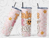 Retro Tumbler Wrap, Self Love Tumbler PNG, Daisy Sublimation Tumbler, Pink Checkered Tumbler Design, Seamless Tumbler Template, 20 oz Skinny