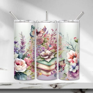 Book Tumbler PNG, Butterfly Sublimation Tumbler Design, Watercolor Book Tumbler Wrap, Add your own saying Tumbler Design, Floral Seamless