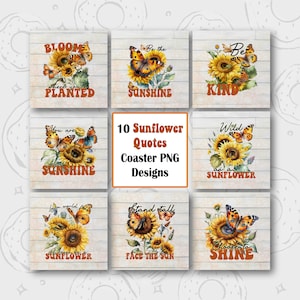 Square Coaster PNG, Sunflower Square Coaster Sublimation Design, Sunflower Saying Square Coaster Bundle, Retro Positive Quote Square Coaster