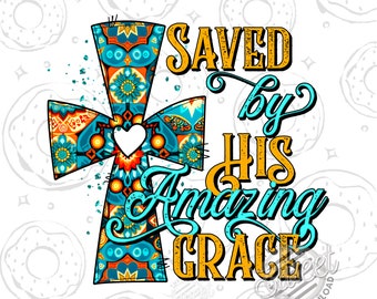 Amazing Grace PNG, Christian Sublimation Design, Western Shirt Design, Turquoise Cross PNG, Religious Digital Download