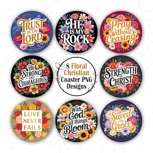 Floral Christian Car Coaster PNG, Bible Verse Sublimation Coaster Design, Faith Based Round Coaster, Christian Coaster PNG Bundle