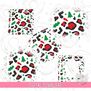 Écussons de sublimation de Noël, écussons d&#39;impression de léopard PNG, fond de Noël PNG, paquet de tache d&#39;eau de Javel, téléchargement de conception de sublimation