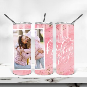 20 oz Skinny Tumbler PNG Mother's Day Photo Tumbler Sublimation Design Pink and Gold Glitter Mom Gift for Mom Mother's Day Gift