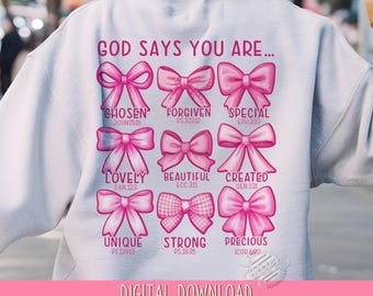 Christian PNG, Croquette Bow Sublimation Design, God Says DTF Shirt Design, Bible Verse Pocket Design, Shirt Front and Back Digital Download