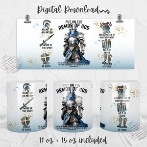 May include: White ceramic mugs with a design featuring a knight in armor, the words "Put on the Armor of God," and other religious symbols. The image also includes a banner that says "Digital Download."