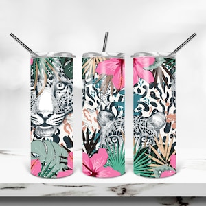 Tumbler PNG, Tropical Leopard Sublimation Tumbler Design, Cheetah Tumbler Wrap, Tropical Beach Tumbler Template, 20 oz Skinny Tumbler Wild