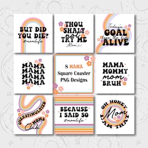 Square Coaster PNG, Mom Coaster Sublimation Design, Funny Coaster Design, Retro Sublimation Square Coaster Template, Square Keychain Bundle