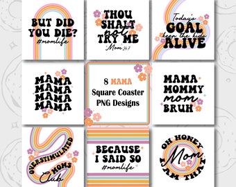 Square Coaster PNG, Mom Coaster Sublimation Design, Funny Coaster Design, Retro Sublimation Square Coaster Template, Square Keychain Bundle