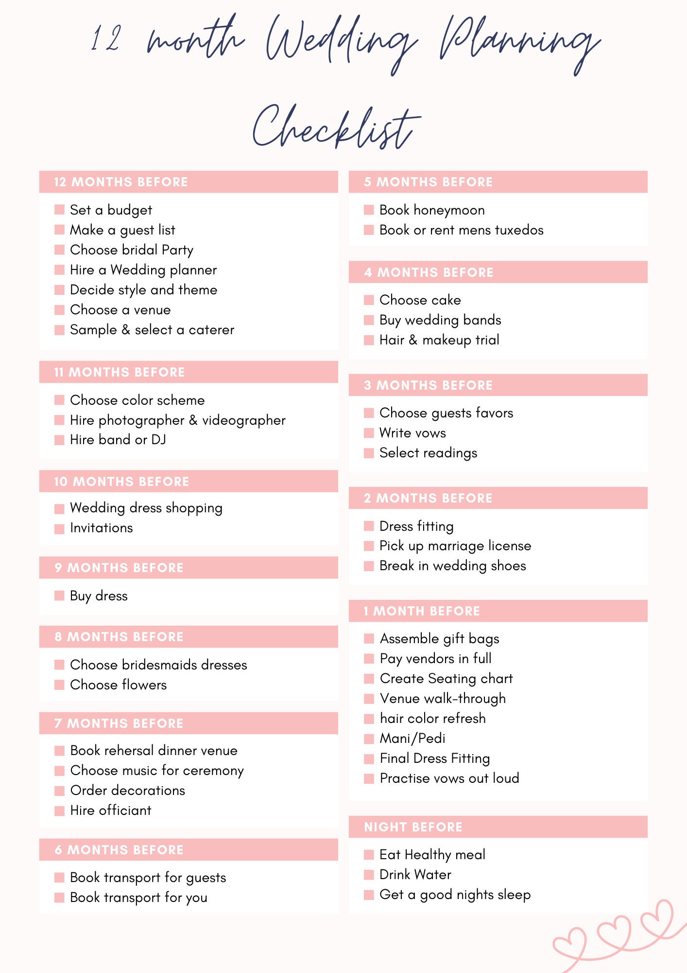 12 month wedding planning checklist day checklistinstant etsy