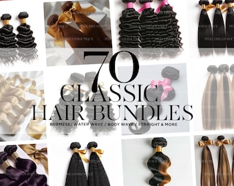 May include: A collage of various hair bundles, showcasing different textures and colors. The image features bundles of straight, wavy, and curly hair, some with highlights. Text overlay reads "70 CLASSIC HAIR BUNDLES" with additional text below.