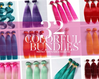 May include: A collection of 32 colorful hair bundles in various shades, including teal, purple, pink, red, and orange. The image features bundles of straight and wavy hair, with the text "32 COLORFUL BUNDLES" and "PERFECT FOR FLYERS & WEBSITES".