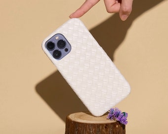 White Woven Leather iPhone case | Case for iPhone 17,16,15 and more | Personalized Phone Covers | Gift for him/her