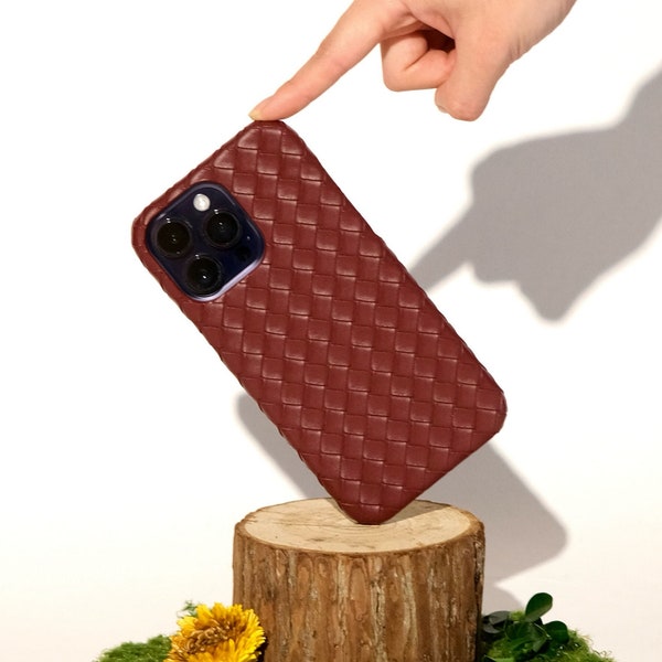 Burgundy Weave Leather iPhone 15 14 13 12 Pro Max case, iPhone 15 14 13 12 Pro case, iPhone 14,13,12, Special Edition