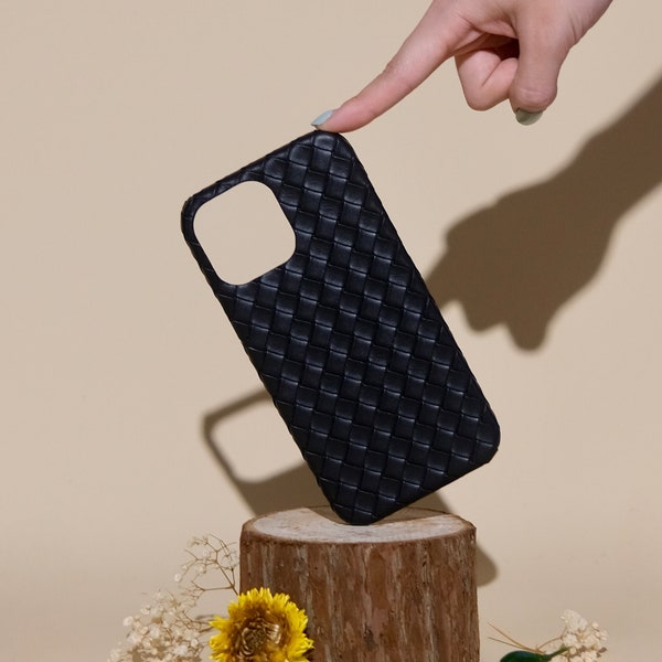 Black Weave Leather iPhone 15 14 13 12 11 Pro case iPhone 12 mini case iPhone XR case iPhone XS Max Case iPhone7/8Plus