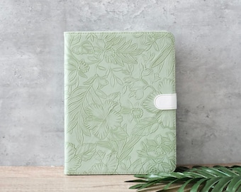 Engrave green flowers leather iPad case, iPad Pro 2022/21, iPad Air 5,4,3,2,1, iPad 2022/2021/2020, iPad 2018/2017, iPad mini6,5,4