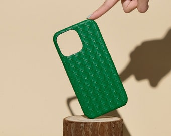 Parakeet Green Weave Leather iPhone 17 15 14 13 12 11 Pro case iPhone 12 mini case iPhone XR case iPhone XS Max Case iPhone7/8Plus